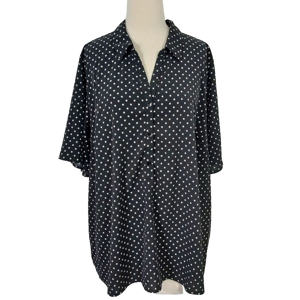 Catherines Black and White Star Print Short Sleeve Blouse Popover Top Size 3X